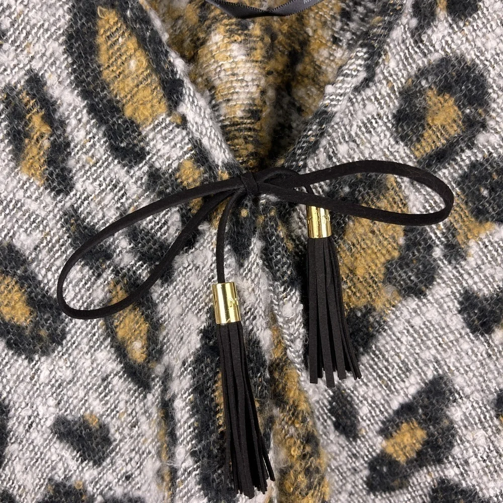 Marc New York Leopard Animal Print Fringed Trimmed Shawl Poncho Scarf ONE SIZE